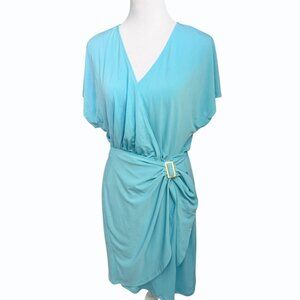 Michael Kors Faux Wrap Turquoise Dress‎ Womens L Surplice Neckline Buckle Blue